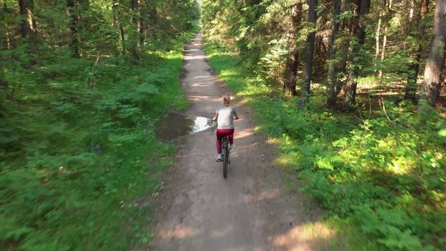 Young cyclist riding on a nice road in the forest surrounded by trees on a sunny day.