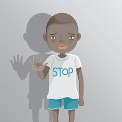 African boy STOP sign with his hands. Racist children concopt. Problems racial differences concept. Children's health problems. Child abuse problems. Stop bullying on their classmate in school.