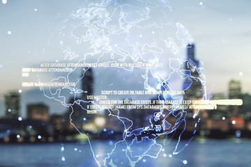 Multi exposure of abstract creative coding sketch and world map on blurry skyline background, artificial intelligence and neural networks concept