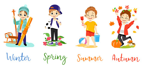 Clothes , Style, Fashion Kids Concept. Set Of Cheerful Cartoon Boy Playing Different Toys Wearing Stylish Casual Clothes Depending On Seasons Of The Year. Colorful Vector Illustration In Flat Style