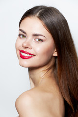 Obraz premium Girl bare shoulders Smile Look Ahead red lips clean skin light 