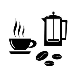 Dishes for coffee. Cup and Frenchpress. For logos, icons, menus and brochures. Black and white vector on a white background.