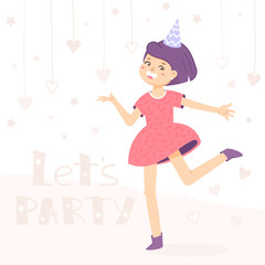 Girl is waving by hand and dance. Welcome sign for the party. Birthday invitation