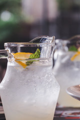 Close up Glass of Lime Soda beverage. Background for fresh joice beverage.