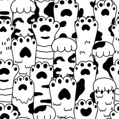 Vector drawings graphics black sketch paw pets seamless pattern. Collection of various cute cartoon domestic animal foot isolated on white background. Funny fur pet dangerous claws