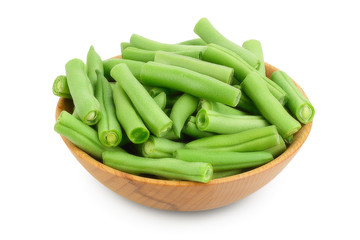 Green beans in wooden bowl isolated on a white background with clipping path and full depth of field,