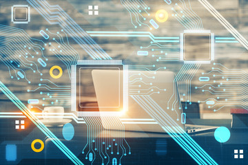 Double exposure of desktop with computer on background and tech theme drawing. Concept of big data.