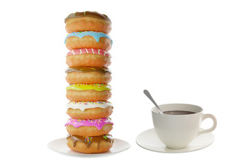 Colorful sweet donuts and white cup of coffee on background