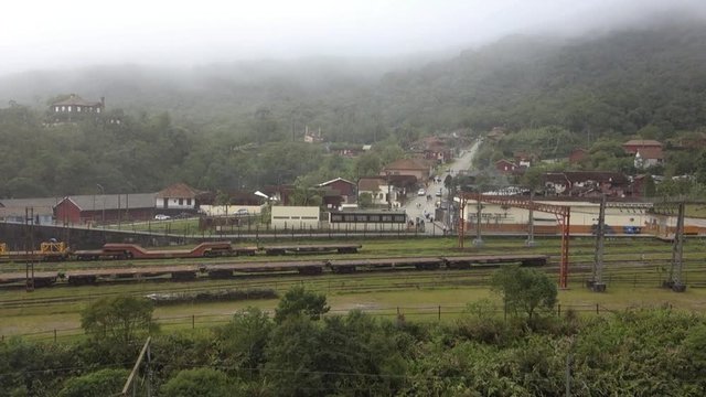 historic village of Paranapiacaba under fog. Old railway station. Santo Andre, Brazil