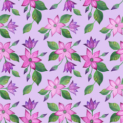 Watercolor bouquets of pink clematis flowers with leaves, buds on a lilac background. Seamless pattern design for textile, fabric, wallpaper, background,  paper, web.