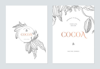 Creative poster template design, line art illustration of cocoa and leaves on white - 373875562