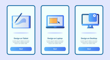 Design on tablet design on laptop design on desktop for mobile apps template banner page UI with three variations modern flat outline style.