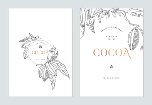 Creative poster template design, line art illustration of cocoa and leaves on white