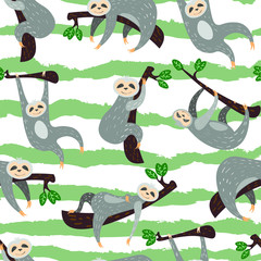Naklejka premium cute family of sloths , funny animals vector seamless pattern on white background. Concept for wallpaper, wrapping paper cards , print