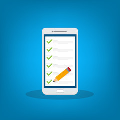 Check list document on smartphone, smartphone with paper check list and to do list with checkboxes, concept of survey, online quiz, completed things or done test, feedback.