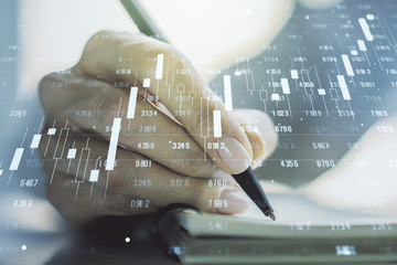 Abstract creative analytics data spreadsheet with woman hand writing in diary on background, analytics and analysis concept. Multiexposure