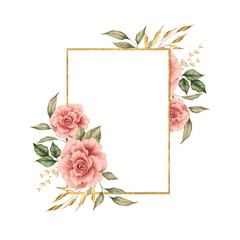 Watercolor roses flowers and gold frame. Invitation, wedding or greeting cards