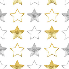 Seamless pattern golden & silver stars white background isolated, decorative shiny stars repeating ornament, bright glittering Сhristmas starry decoration backdrop, New Year wallpaper, holiday texture