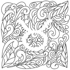 coloring page using negative space, silhouette of the zodiac sign taurus, doodle patterns of leaves and curls, vector outline illustration