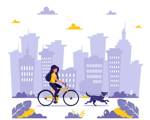 Woman riding bike with dog in the city. Healthy lifestyle, outdoor activity concept. Vector illustration in flat style.