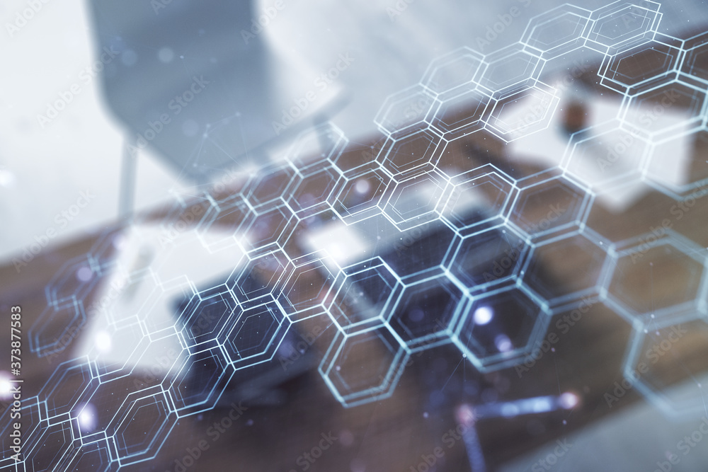 Aufkleber Creative abstract wireless technology hologram with hexagon and modern desktop with pc on background, artificial intelligence and machine learning concept. Multi exposure