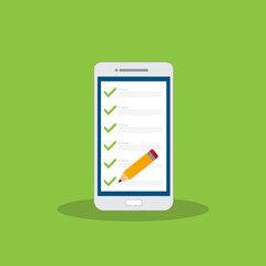 Check list document on smartphone, smartphone with paper check list and to do list with checkboxes, concept of survey, online quiz, completed things or done test, feedback.