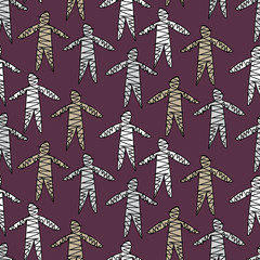 Fototapeta na wymiar Walking mummies seamless vector halloween pattern. Spooky doodle surface print for fabrics, stationery, textiles, scrapbook paper, gift wrap, and packaging.
