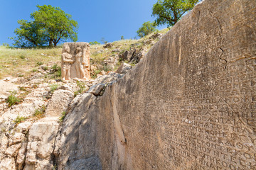 Greek inscriptions and the relief of Hercules and King Antiochus, of Commagene Kingdom in the...