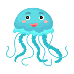 Cute funny blue jellyfish print on white background. Ocean cartoon animal character for design of album, scrapbook, greeting card, invitation, wall decor. Flat colorful vector stock illustration.