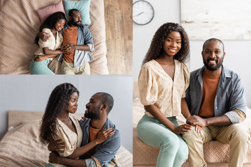 collage of african american couple lying in bed, embracing and looking at camera at home