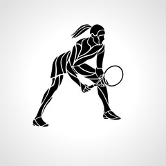 Fototapeta na wymiar Female lady tennis player stylized vector silhouette, emblem or logo template. Racket sport logotype. Abstract illustration eps10