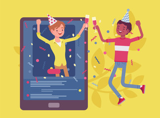 Boys meet up virtually by tablet to enjoy online party. Happy friends, video chat apps celebrations, gathering during social distancing, fun staying at home. Vector flat style cartoon illustration