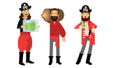 Man Pirate Wearing Corsair Hat Holding Treasure Map and Rum Barrel Vector Illustration Set