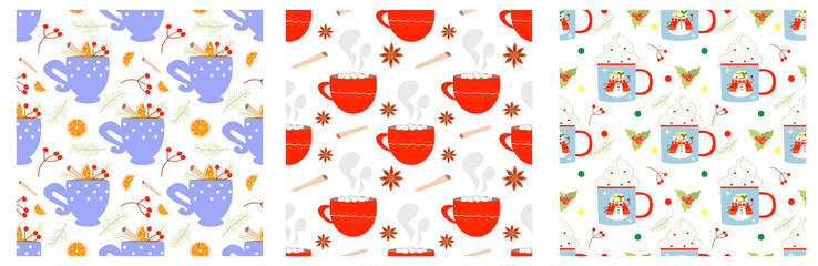 Set of vector patterns with holiday mugs with hot winter drinks: cocoa, hot chocolate, Christmas cappuccino, tea with spices.Seamless winter  pattern for decorating cafe, home textiles,commodity.