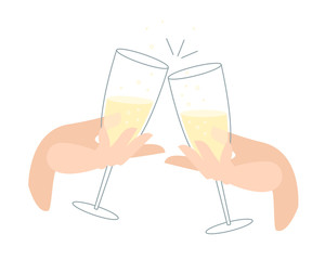 clink glasses with champagne. festive feast with alcoholic drinks. beautiful female hand holds a glass. celebration with clinking glasses. cheers.