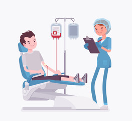 Blood donation for medical bank, male donor or patient transfusion. Female doctor and young healthy volunteer donator on appointment in clinic laboratory. Vector flat style cartoon illustration