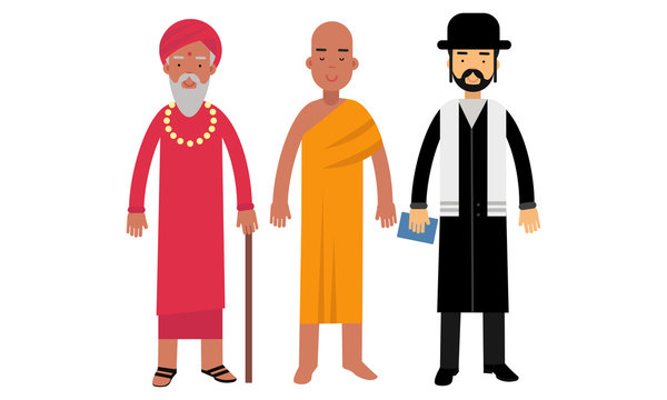 Man Representatives of Different Religion Like Buddhism, Hinduism and Judaism Vector Illustration Set