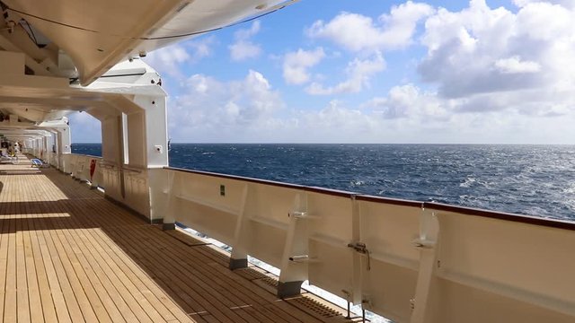 Horizon Blue Ocean View From Timber Deck On Cruise Ship Sailing Open Ocean