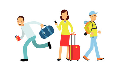 People Characters Carrying Luggage and Holding Tickets Vector Illustration Set