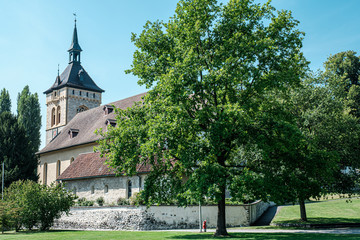 Fototapeta na wymiar View of Saint Martin Church in small city Arbon in Canton Thurgau, Switzerland. Travel destination on Bodensee in Europe. Sunny august day.