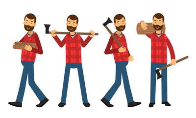 Obraz premium Man Lumberjack in Check Shirt Carrying Wood Chopper and Logs Vector Illustration Set