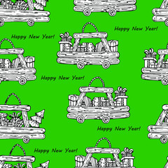 Pattern with a wooden car, gifts, Christmas tree. Festive coloring with cars for children and adults. One of a series of handmade liner graphics. For coloring, textiles, wallpaper, design, postcards. 