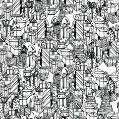 Coloring pattern with a Christmas tree, boxes with gifts. Festive drawing for children and adults. Christmas. Birthday. One of a series of handmade liner graphics. For wallpaper, textile, design.