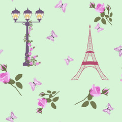 Vector Eiffel Tower Paris and Roses Flowers Seamless Repeat Pattern Surrounded By St Valentines Day Hearts Of Love.