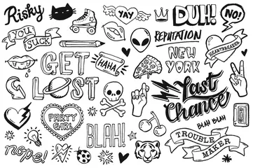 Foto op Canvas A set of teen culture graffiti doodles suitable for decoration, badges, stickers or embroidery. Vector illustrations. © lindybug