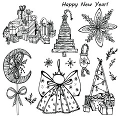 Set of Christmas coloring book, tree, boxes with gifts, angel, star, month. Festive drawing for children and adults. Christmas. New year set of hand graphics. For printshop, textile, design, banner.