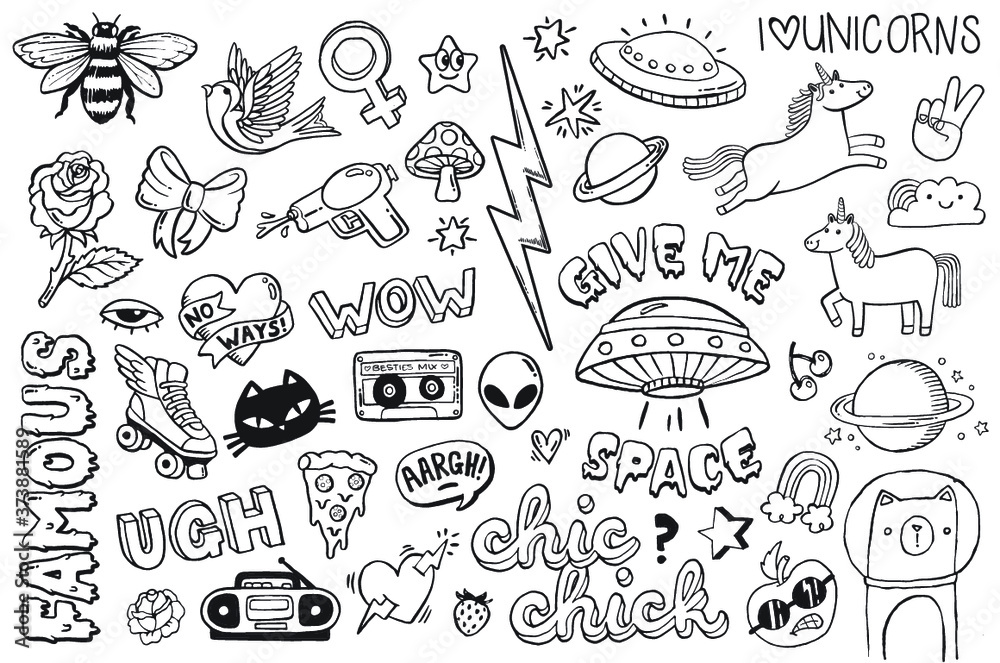 Wall mural a set of teen culture graffiti doodles suitable for decoration, badges, stickers or embroidery. vect