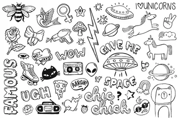 Fotobehang A set of teen culture graffiti doodles suitable for decoration, badges, stickers or embroidery. Vector illustrations. © lindybug