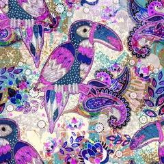 Foto auf Acrylglas Colorful tropical seamless pattern with birds. Pink floral wallpaper, tropic background. Design for textile, fabric, print, cover, web © sunny_lion