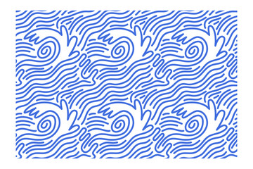 Fototapeta na wymiar Seamless pattern of surging waves in a blue lines. Design for backdrops with sea, rivers or water texture.